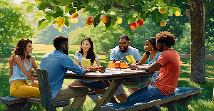 A diverse group of people discussing around a picnic table in a green park.