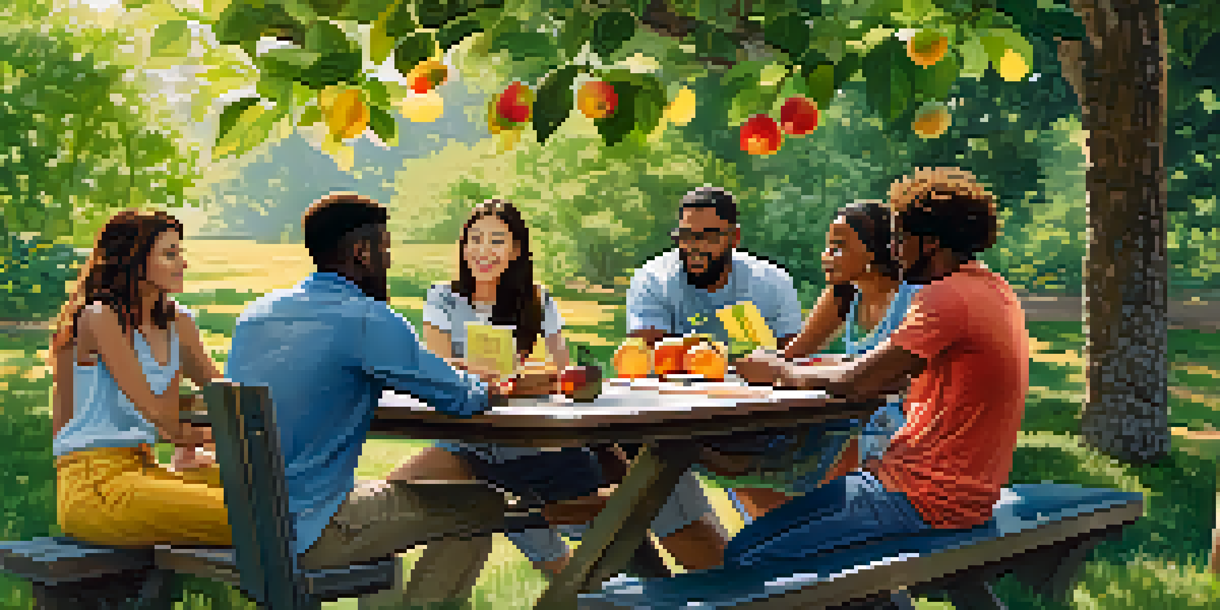 A diverse group of people discussing around a picnic table in a green park.