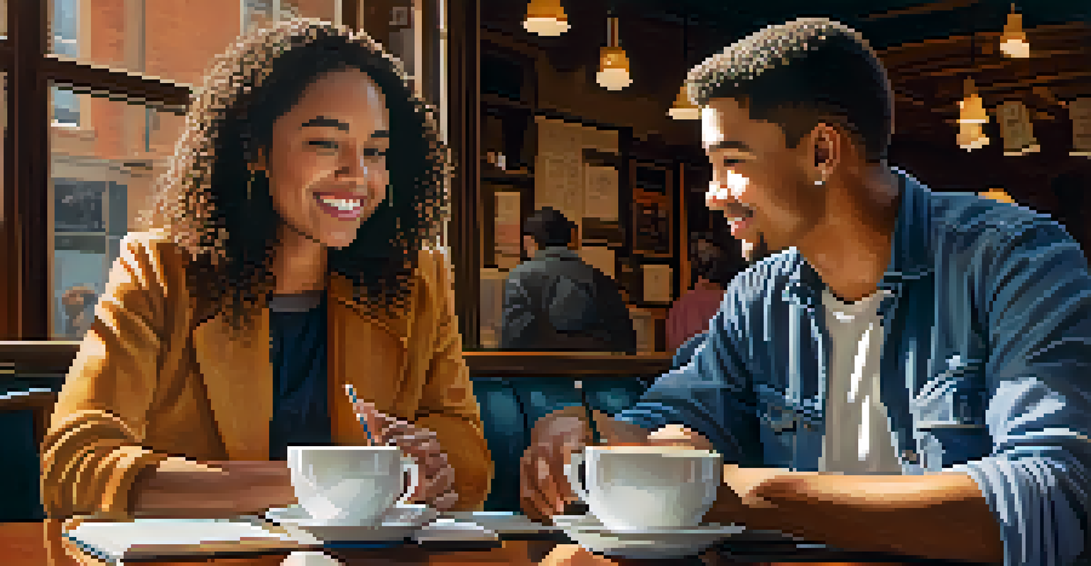 A mentor and mentee in a coffee shop, having a thoughtful discussion over coffee with notebooks and warm lighting around them.