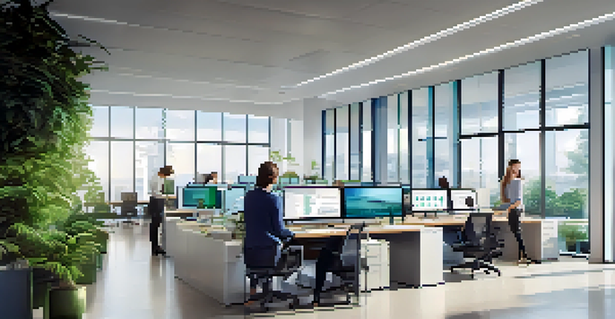 A modern office with a diverse team using advanced recruitment technology on a digital interface, illuminated by natural light.