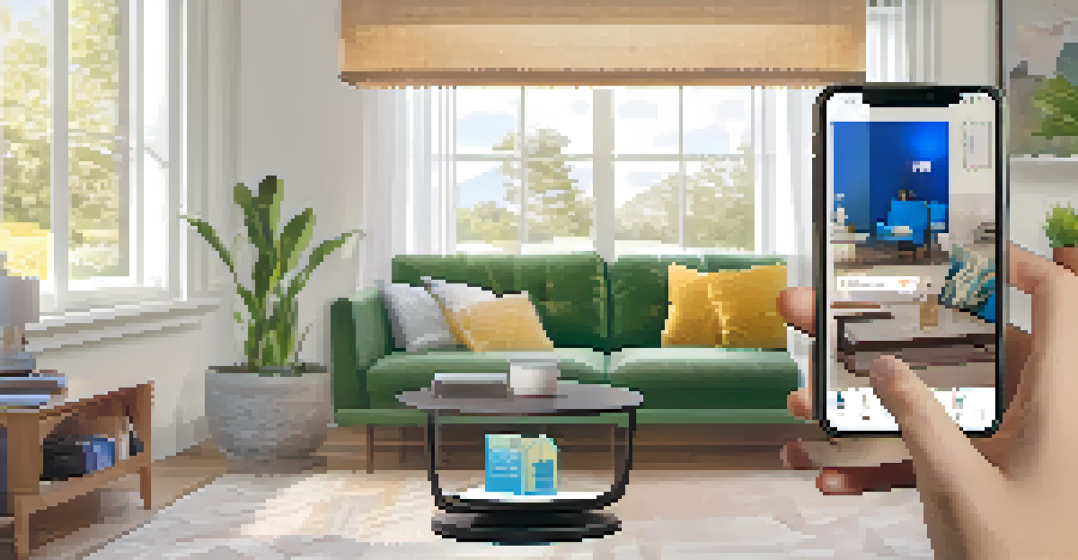 A smartphone showing a mobile shopping app with augmented reality, visualizing furniture in a bright and cozy living room.