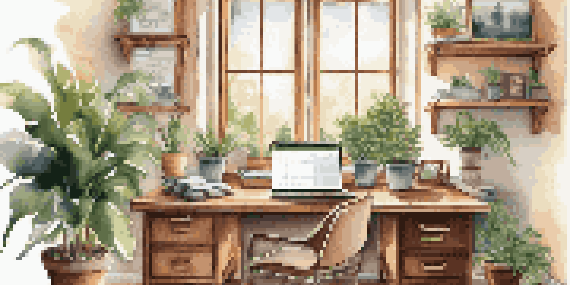 A warm and inviting home office with a wooden desk, laptop, coffee mug, and sunlight filtering through a window.