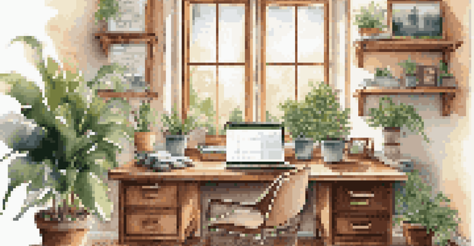 A warm and inviting home office with a wooden desk, laptop, coffee mug, and sunlight filtering through a window.