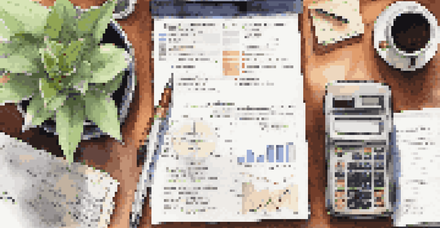 An overhead view of a cluttered desk with budgeting tools, including a calculator and spreadsheets.