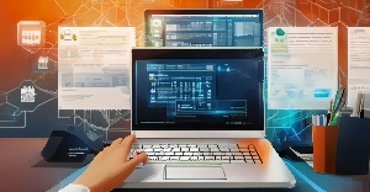 Close-up of hands typing on a laptop, showing IP registration forms and digital security icons in a modern office setting.