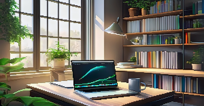 A modern workspace with a laptop showing data visualizations, plants, and a bookshelf in a well-lit environment.