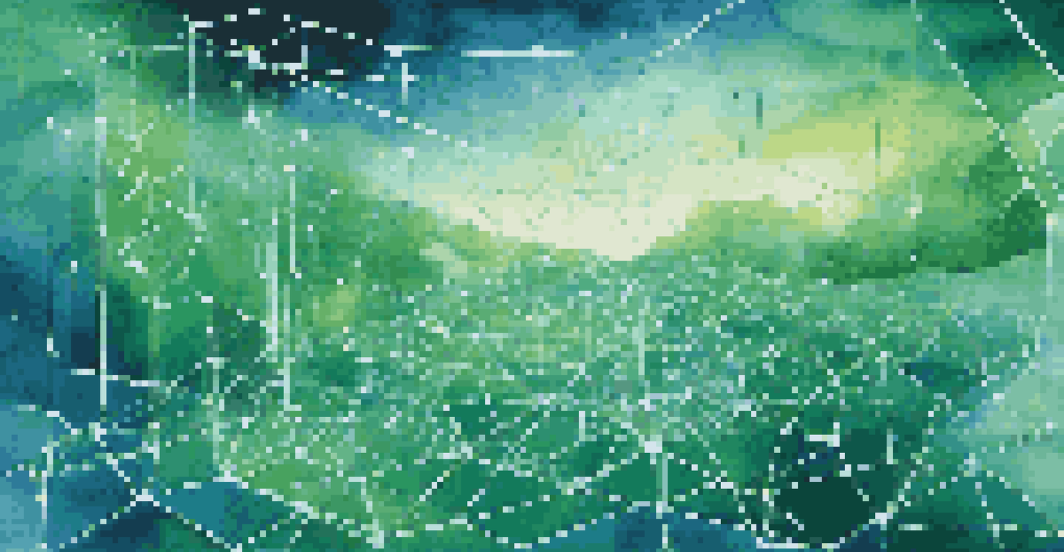 An abstract digital landscape depicting artificial intelligence with glowing data streams and interconnected nodes in blue and green colors.