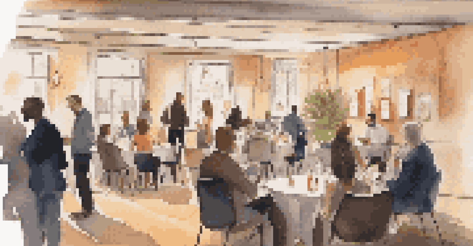 An intimate networking event with entrepreneurs mingling and sharing ideas in a cozy, softly lit room.