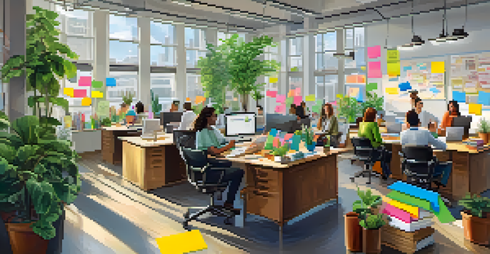 A diverse group of employees collaborating in a bright office space filled with plants and natural light, showcasing a positive work environment.