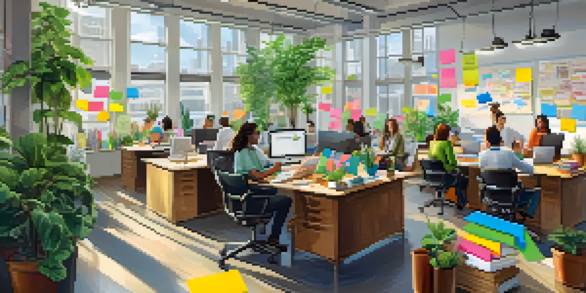 A diverse group of employees collaborating in a bright office space filled with plants and natural light, showcasing a positive work environment.