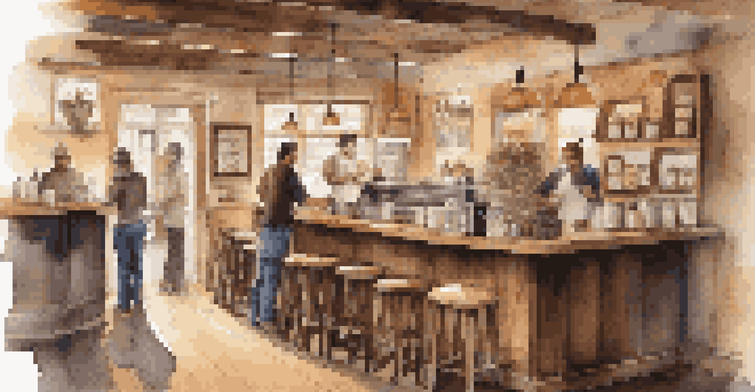 A cozy coffee shop with a barista making coffee and customers enjoying their drinks in a warm, rustic atmosphere.