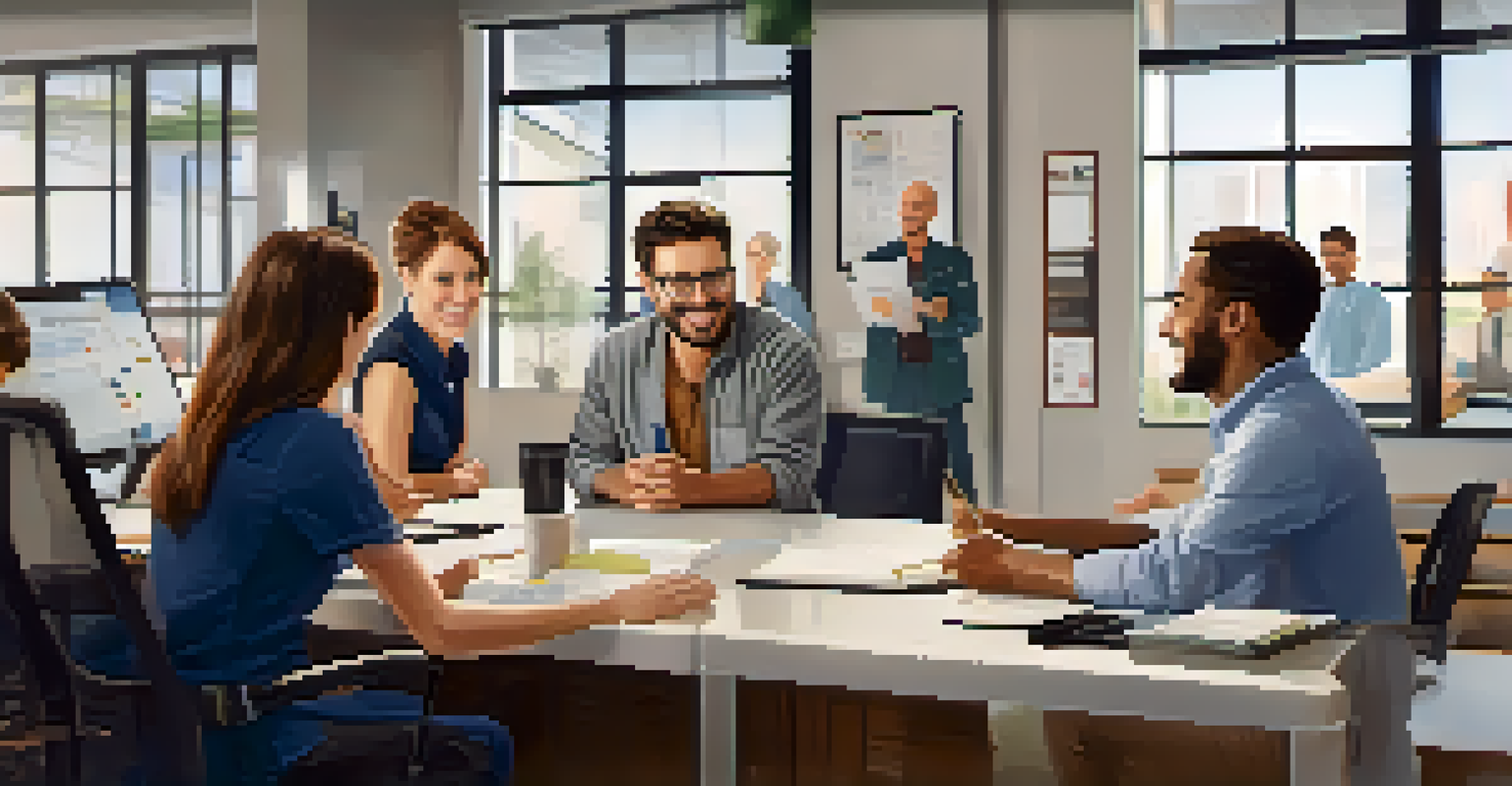 A close-up of a smiling employee sharing their success story in a cozy office setting, with team members in the background.