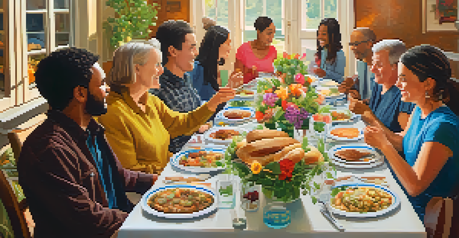 A potluck dinner with diverse dishes and people engaging in conversation, symbolizing open communication and collaboration.