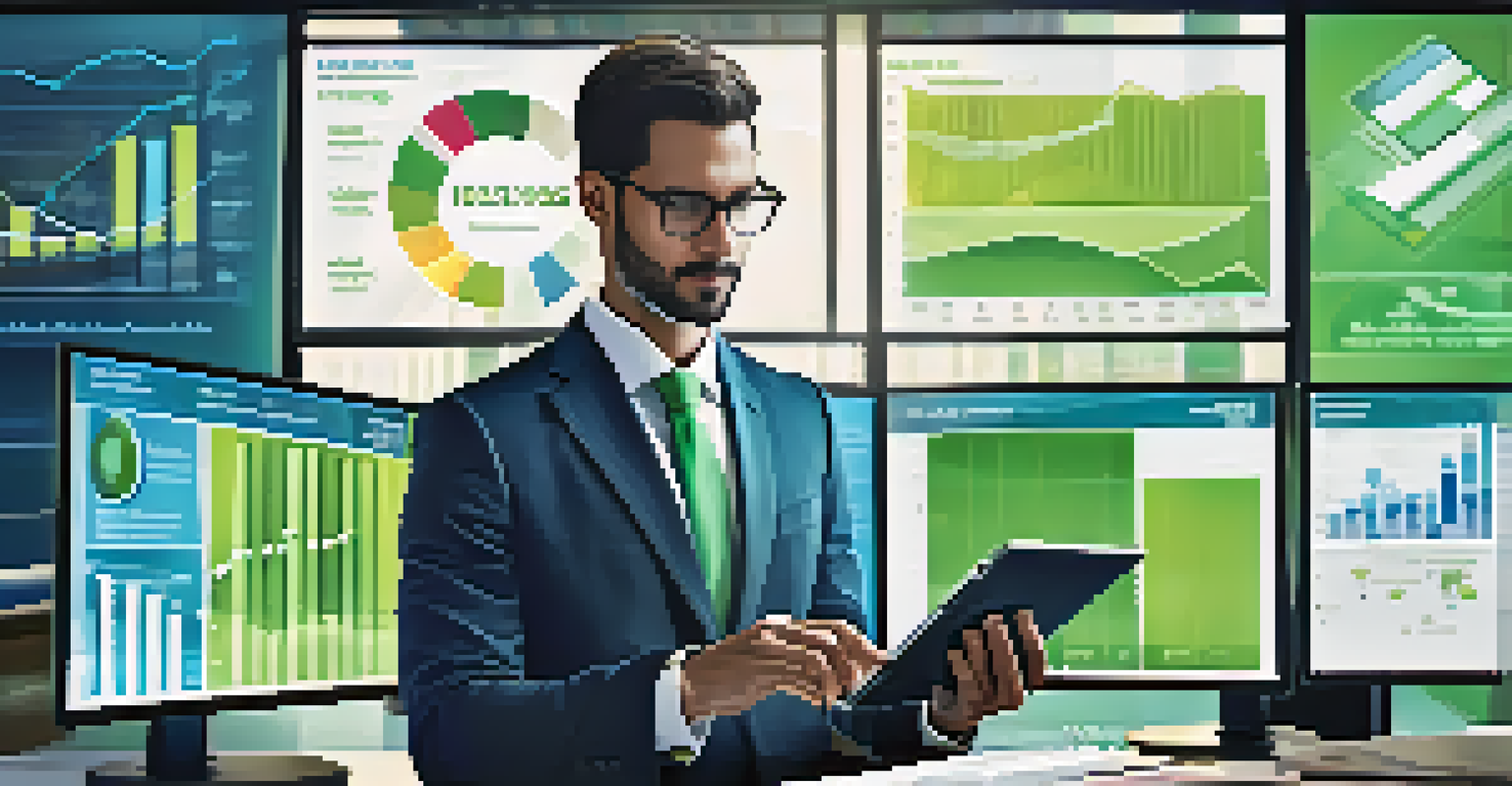 A business professional examining market research data on a tablet in an office with charts and graphs in the background.