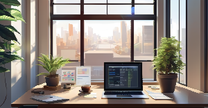 A modern office desk with a laptop showing graphs, a plant, and a coffee cup, illuminated by soft natural light.
