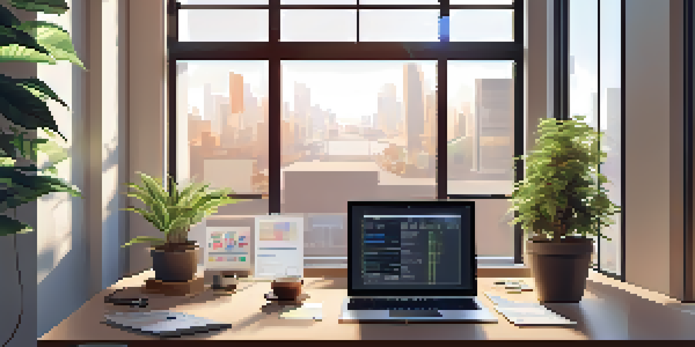 A modern office desk with a laptop showing graphs, a plant, and a coffee cup, illuminated by soft natural light.