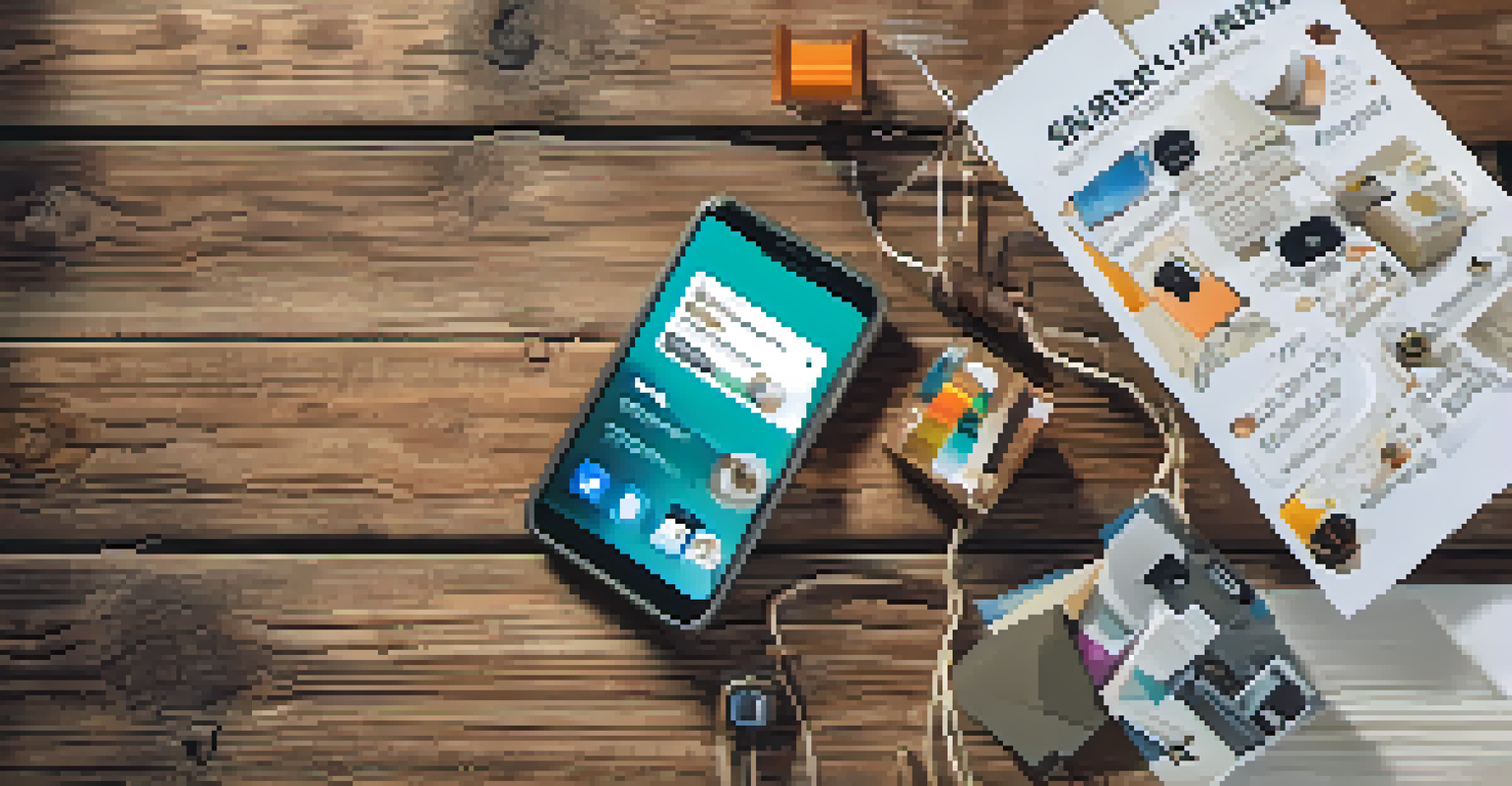 A flat lay of a smartphone with marketing materials like flyers and social media icons arranged around it on a rustic wooden table.