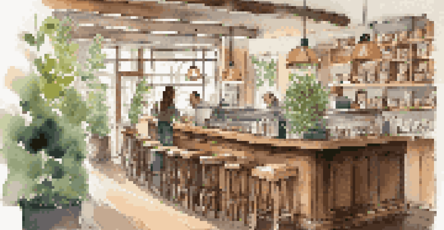 A cozy coffee shop interior with customers enjoying conversations and a barista preparing coffee.