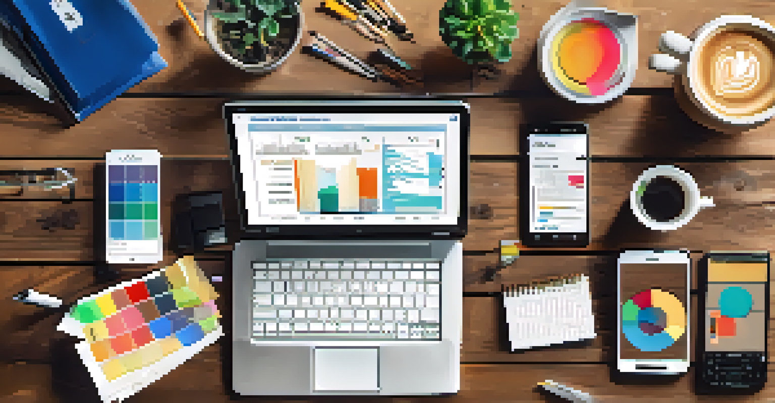 A flat lay of digital marketing materials including a laptop, smartphone, notepad, and coffee.
