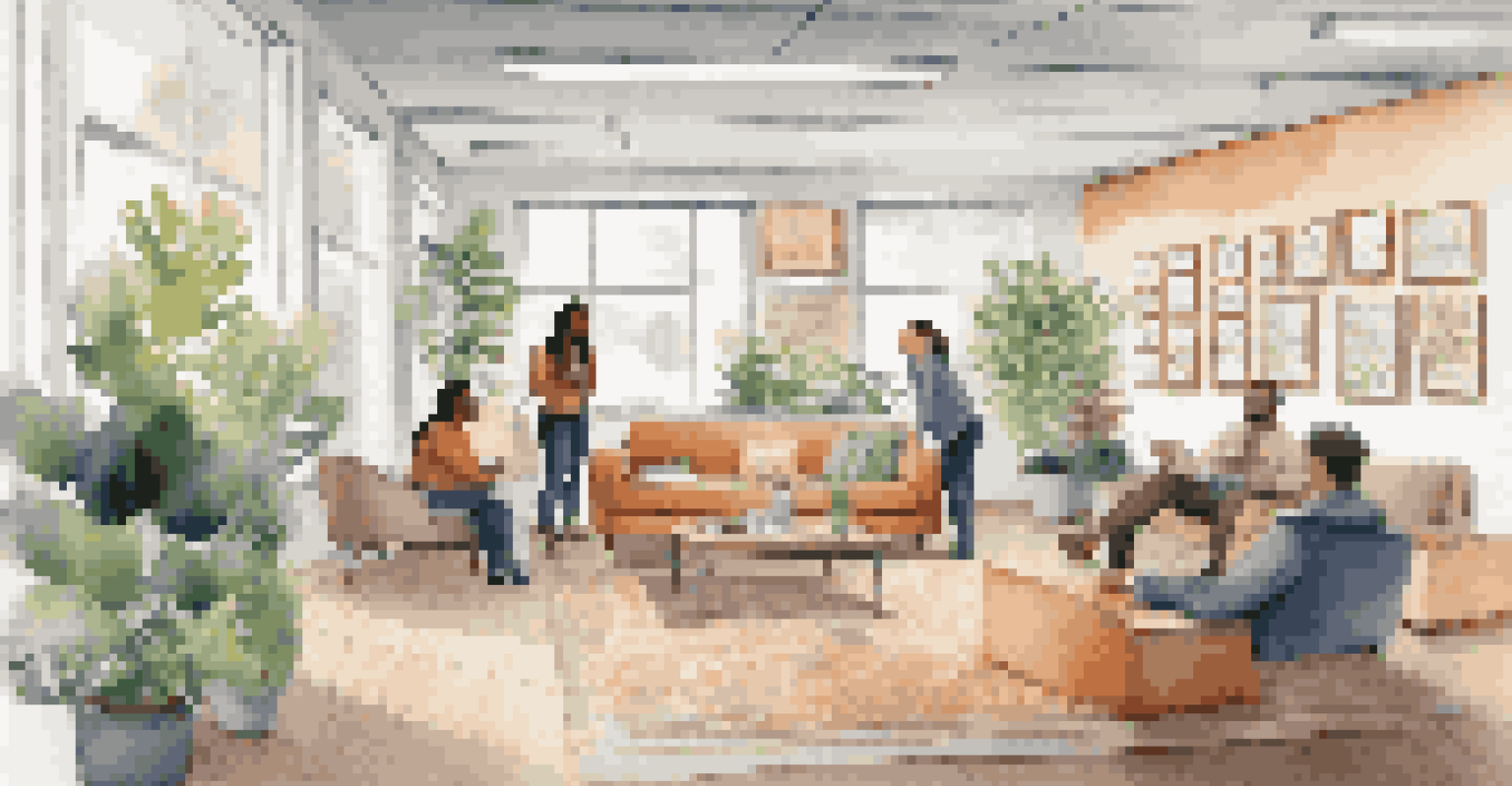 An office space with motivational quotes on the wall and diverse employees interacting in a cozy lounge area.