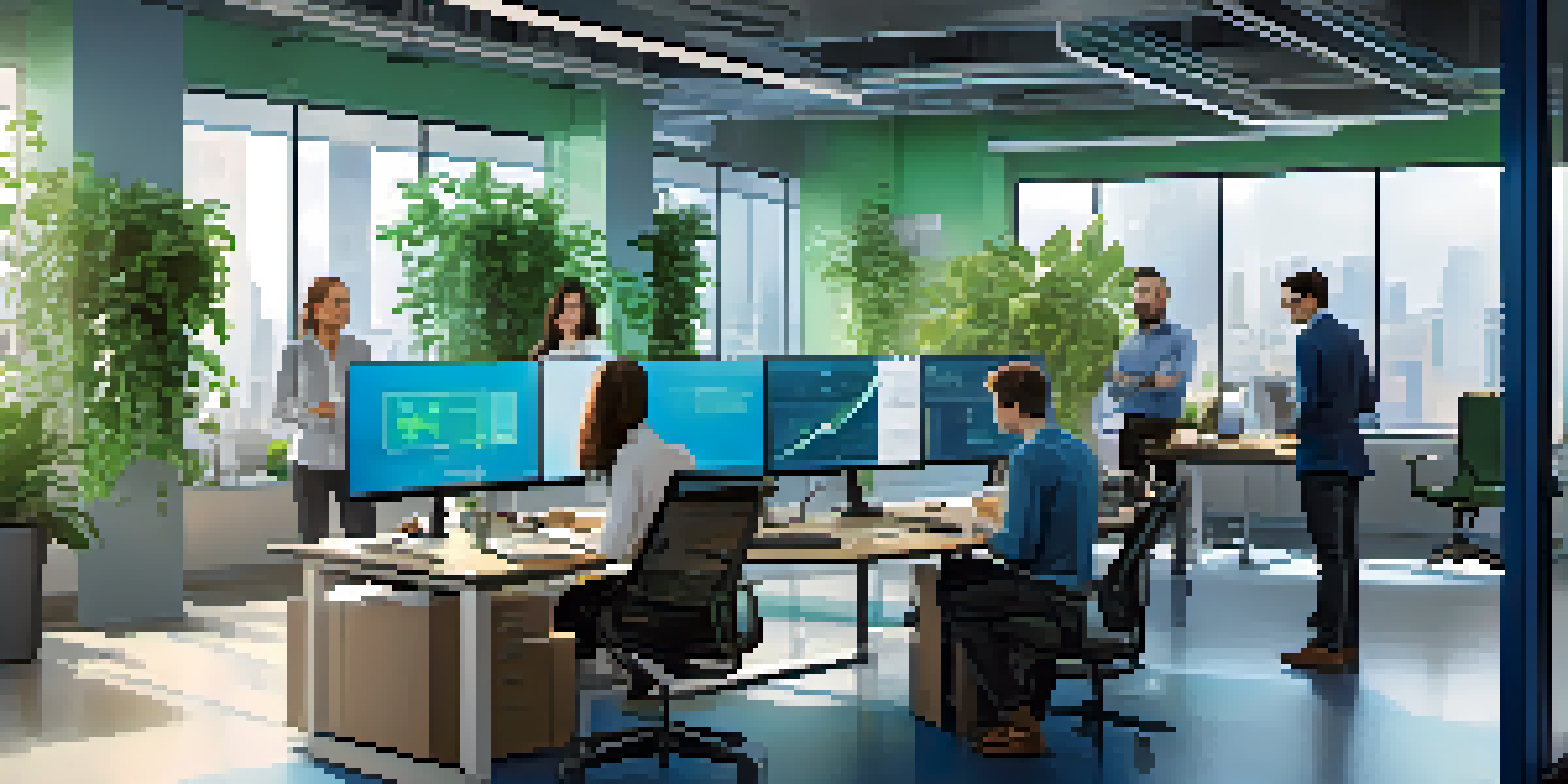 A diverse team of professionals working together in a bright office, analyzing data on a large screen.
