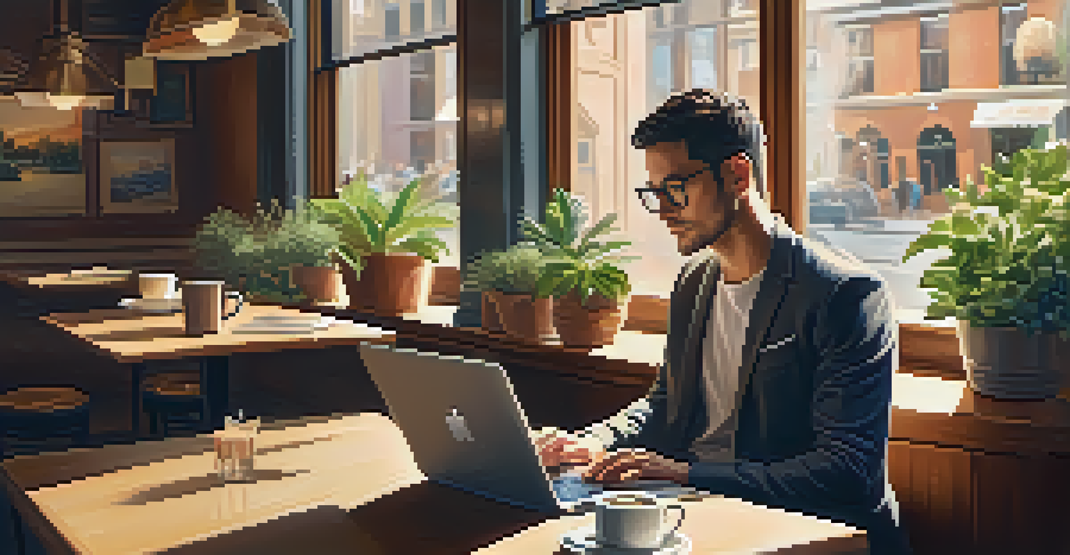 An entrepreneur working on a laptop in a cozy café filled with warm light and plants.