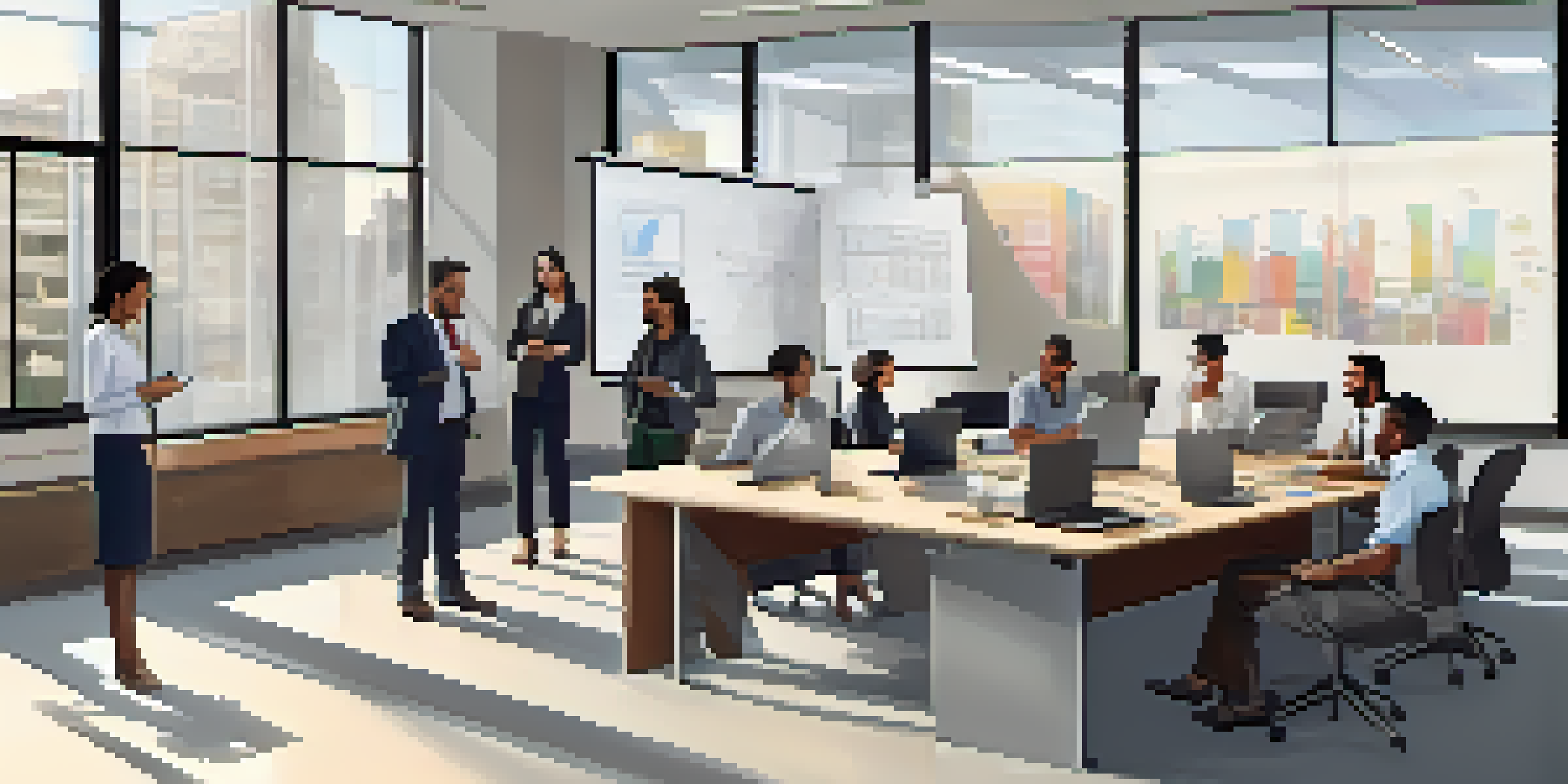 Employees of diverse backgrounds participating in a Business Continuity Management training session in a modern office.