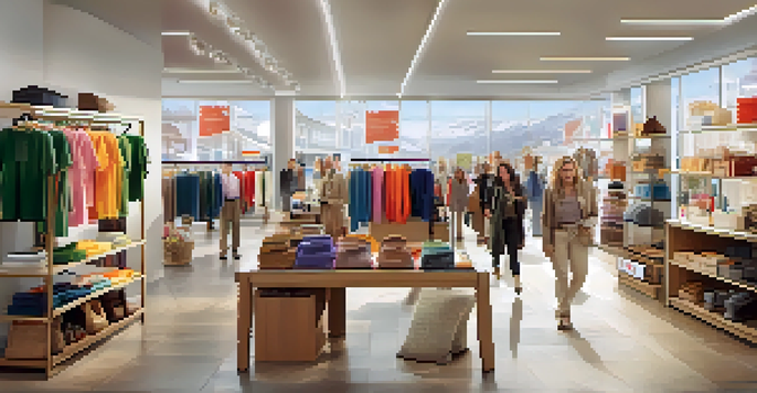 A vibrant retail store interior with customers browsing and staff assisting, featuring organized merchandise and bright natural lighting.