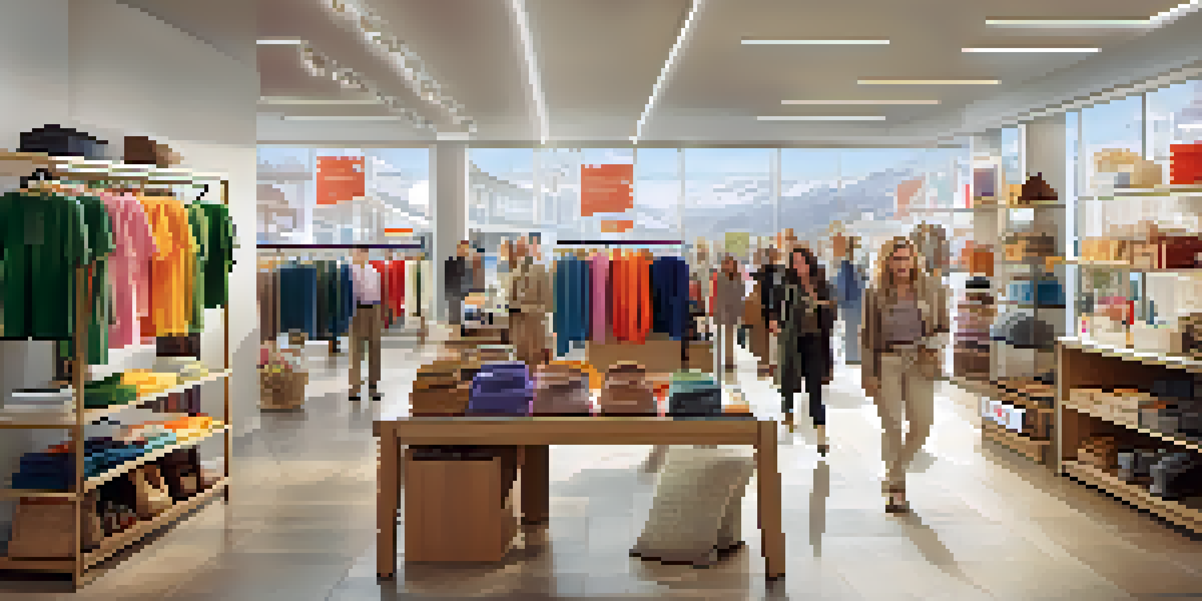 A vibrant retail store interior with customers browsing and staff assisting, featuring organized merchandise and bright natural lighting.