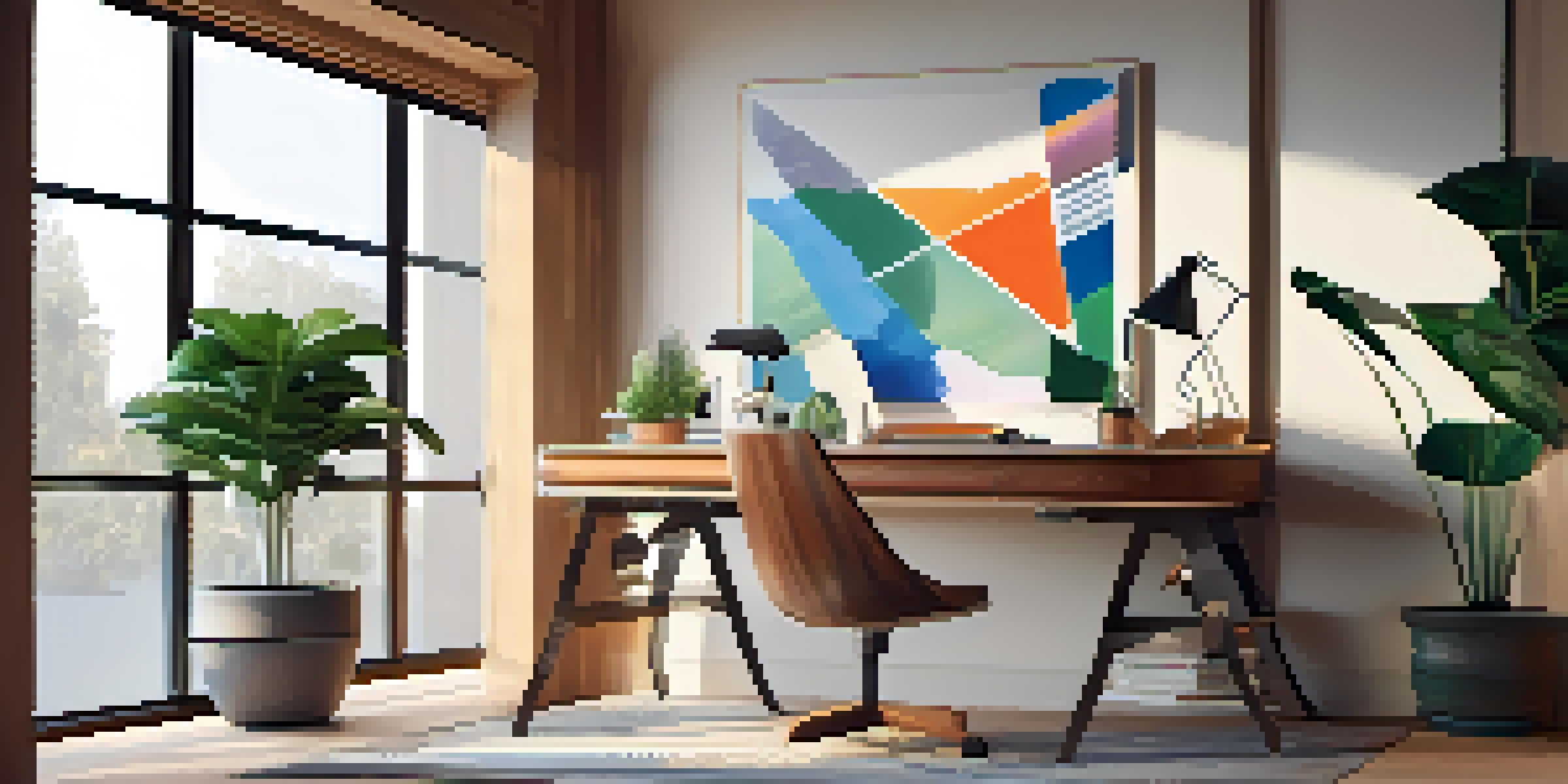 A modern workspace with a polished wooden desk and a unique chair, illuminated by natural light, featuring design sketches and a potted plant.
