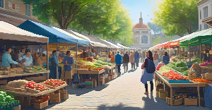 A lively marketplace filled with organic produce and handmade goods, with customers and vendors interacting under sunlight.