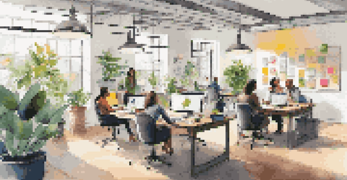 A modern workspace with diverse professionals collaborating at a table filled with laptops and notebooks, illuminated by natural light from large windows.
