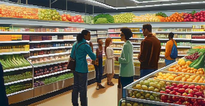 A diverse group of individuals in a grocery store looking at products with labels focusing on sustainability and ethical sourcing.