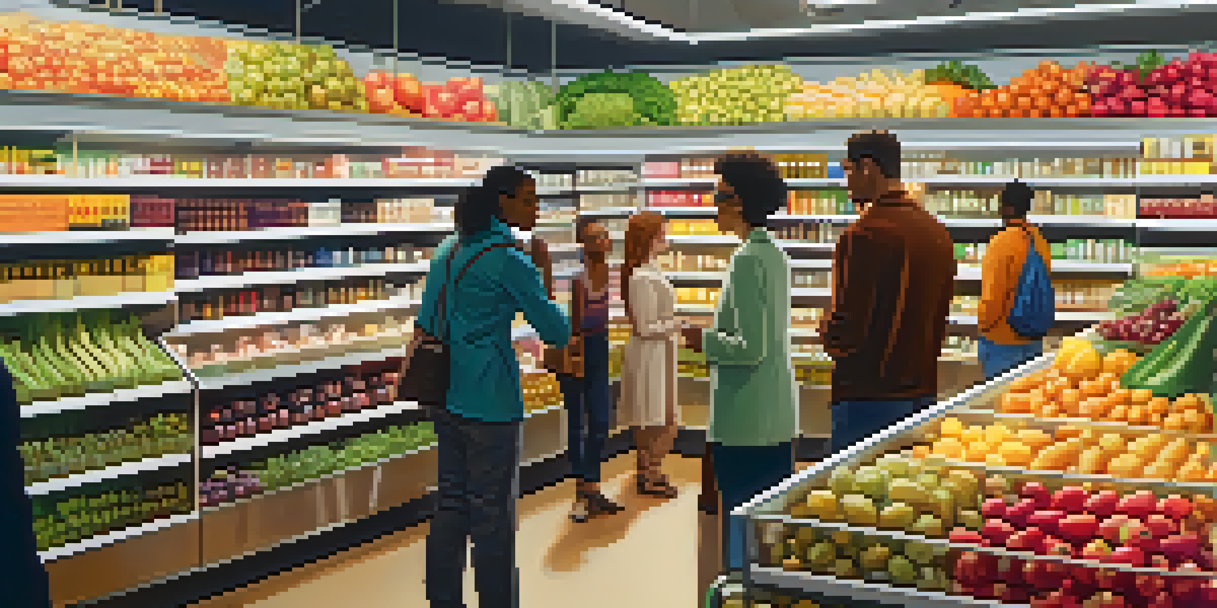 A diverse group of individuals in a grocery store looking at products with labels focusing on sustainability and ethical sourcing.