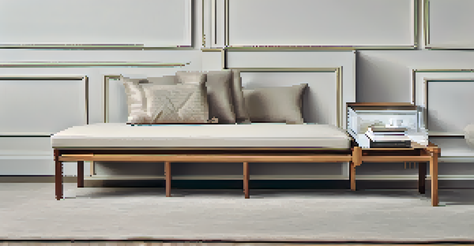 A close-up of a modular furniture piece displaying interchangeable components and textures of wood and fabric.