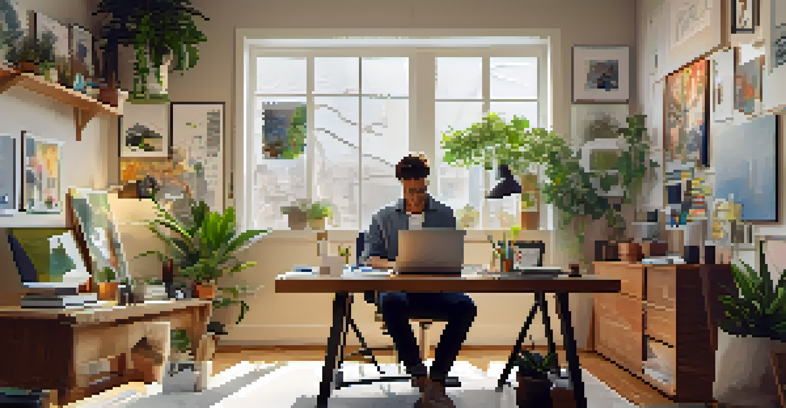 A freelancer working in a bright, modern workspace with a laptop, creative tools, and plants, showcasing a vibrant gig economy environment.