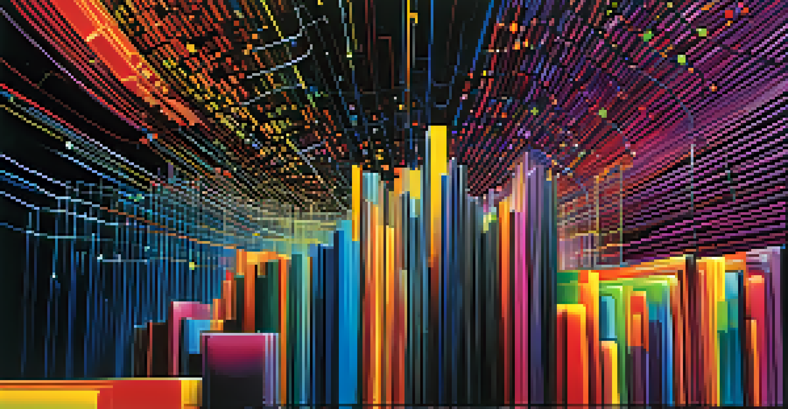 An abstract depiction of data analytics with colorful graphs and binary code flowing together against a dark background.