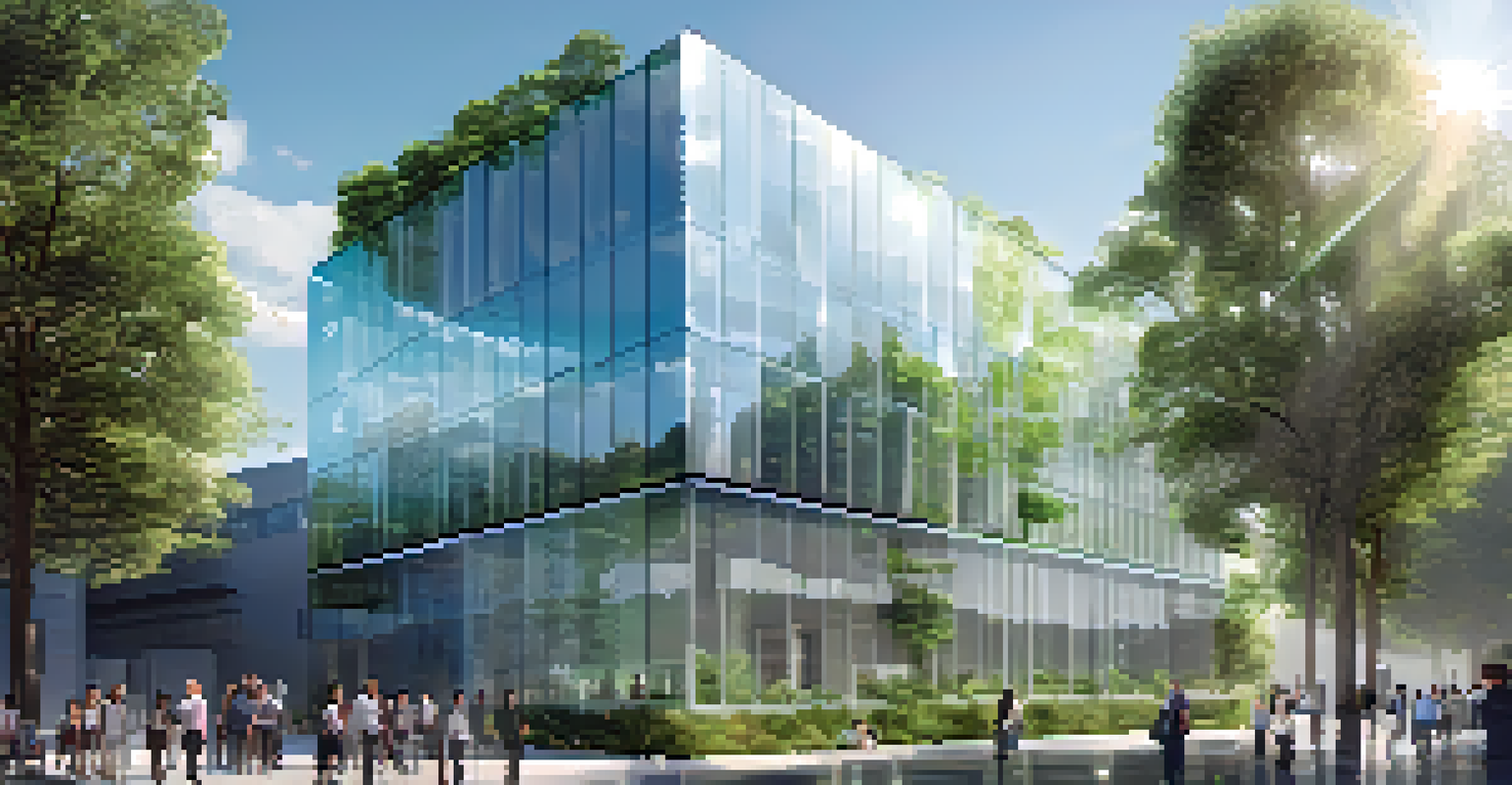 A modern office building with solar panels and greenery, with people discussing renewable energy.