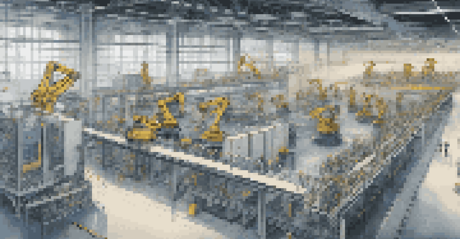 A smart factory with machines and robotic arms communicating and displaying real-time data.