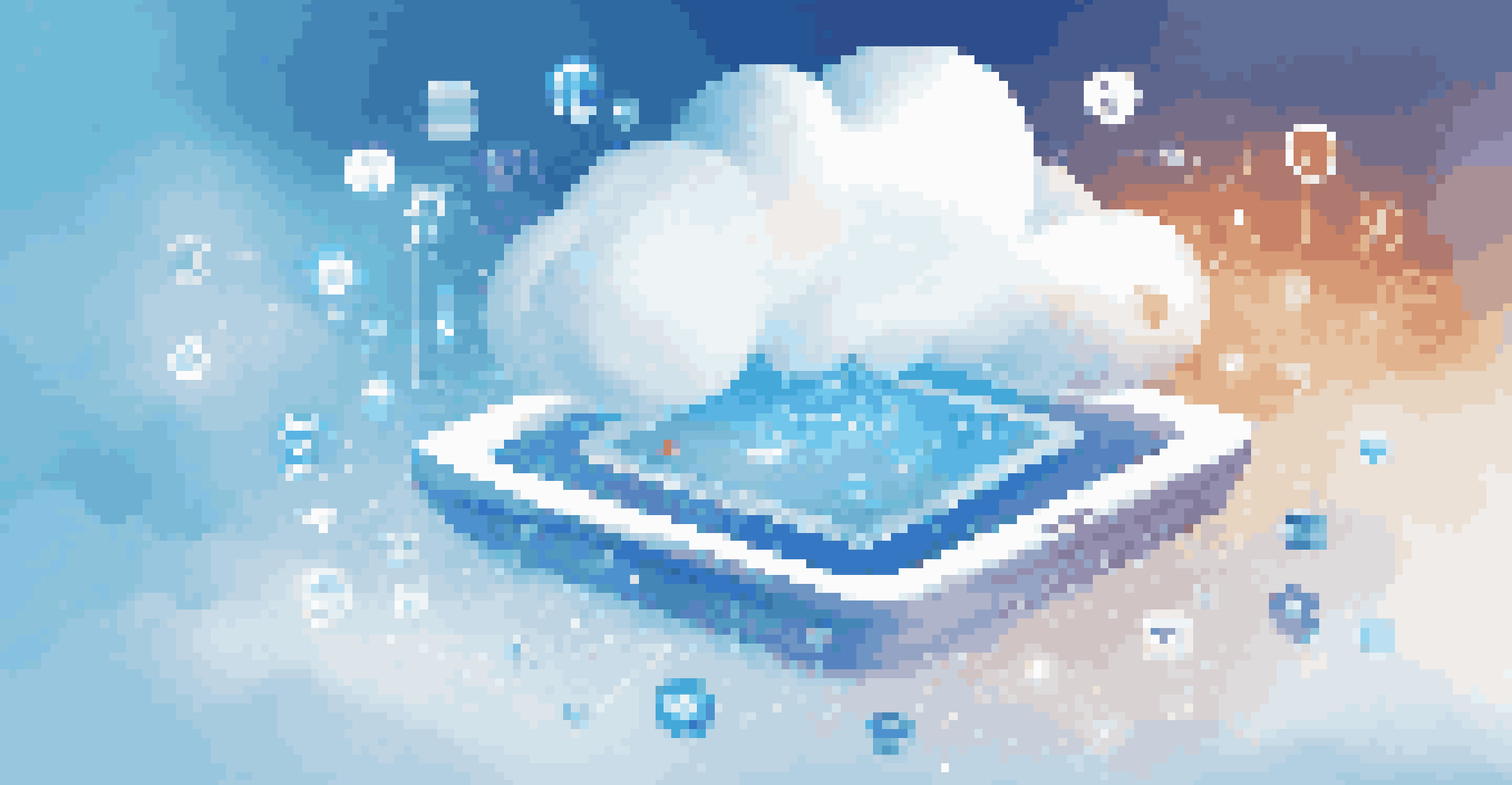 An abstract cloud with digital icons representing SaaS applications, set against a blue and white gradient background.