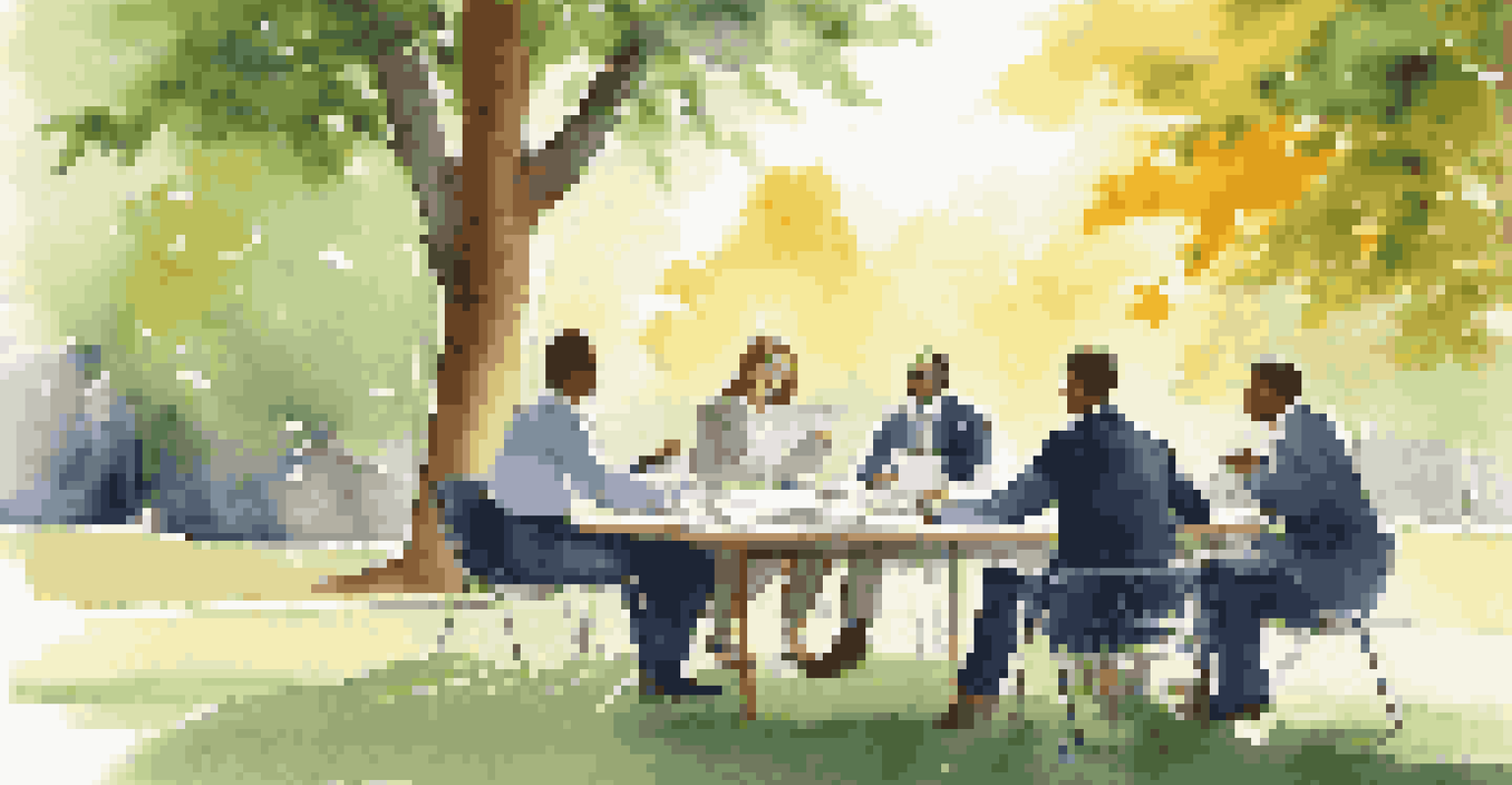 A business team collaborating outdoors in a park, discussing strategy with documents and charts on the table.