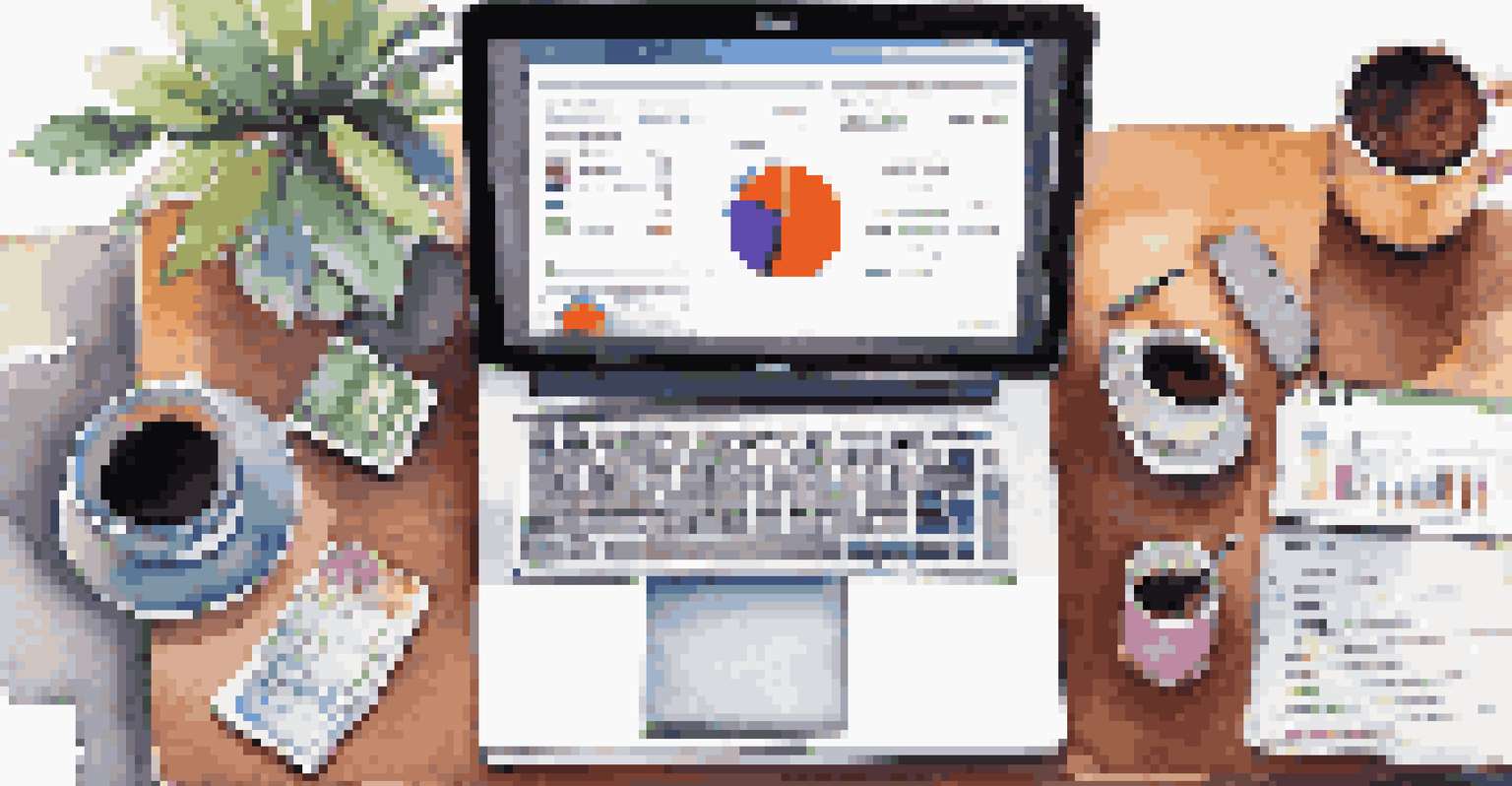 An overhead view of a desk with a laptop displaying a financial dashboard, surrounded by stationery and a cup of coffee.