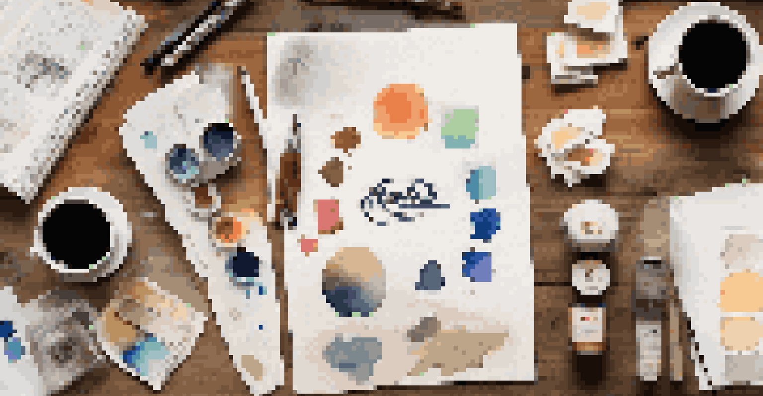 A wooden table displaying sketches, color palettes, and typography samples for a brand logo design along with a cup of coffee.