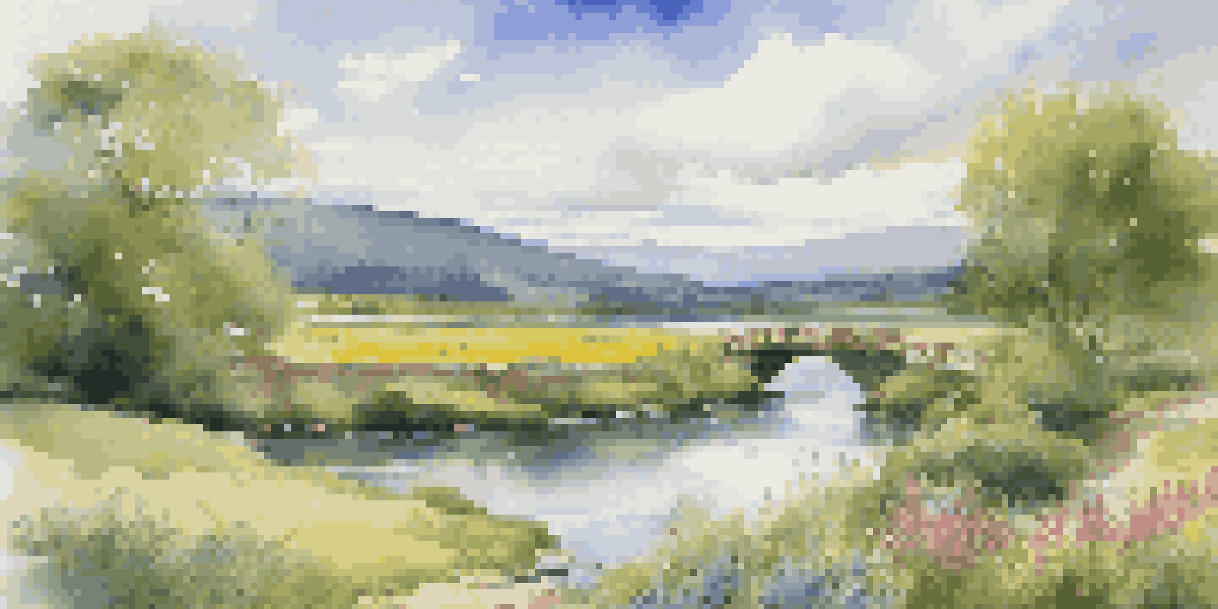 A peaceful green valley with a river and wildflowers, under a blue sky with clouds.