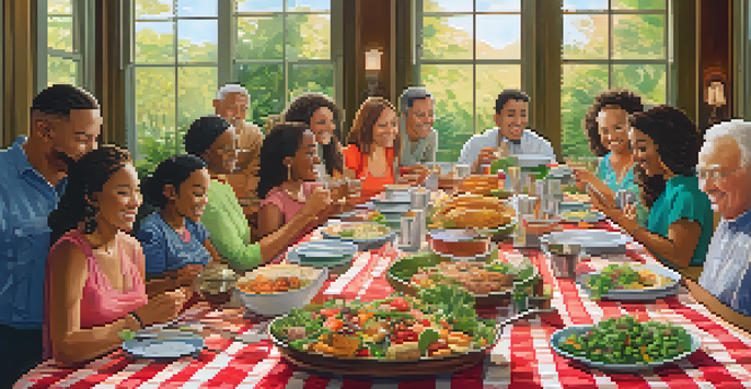 A colorful potluck dinner with people sharing different dishes on a long table, set in a warm and inviting environment.