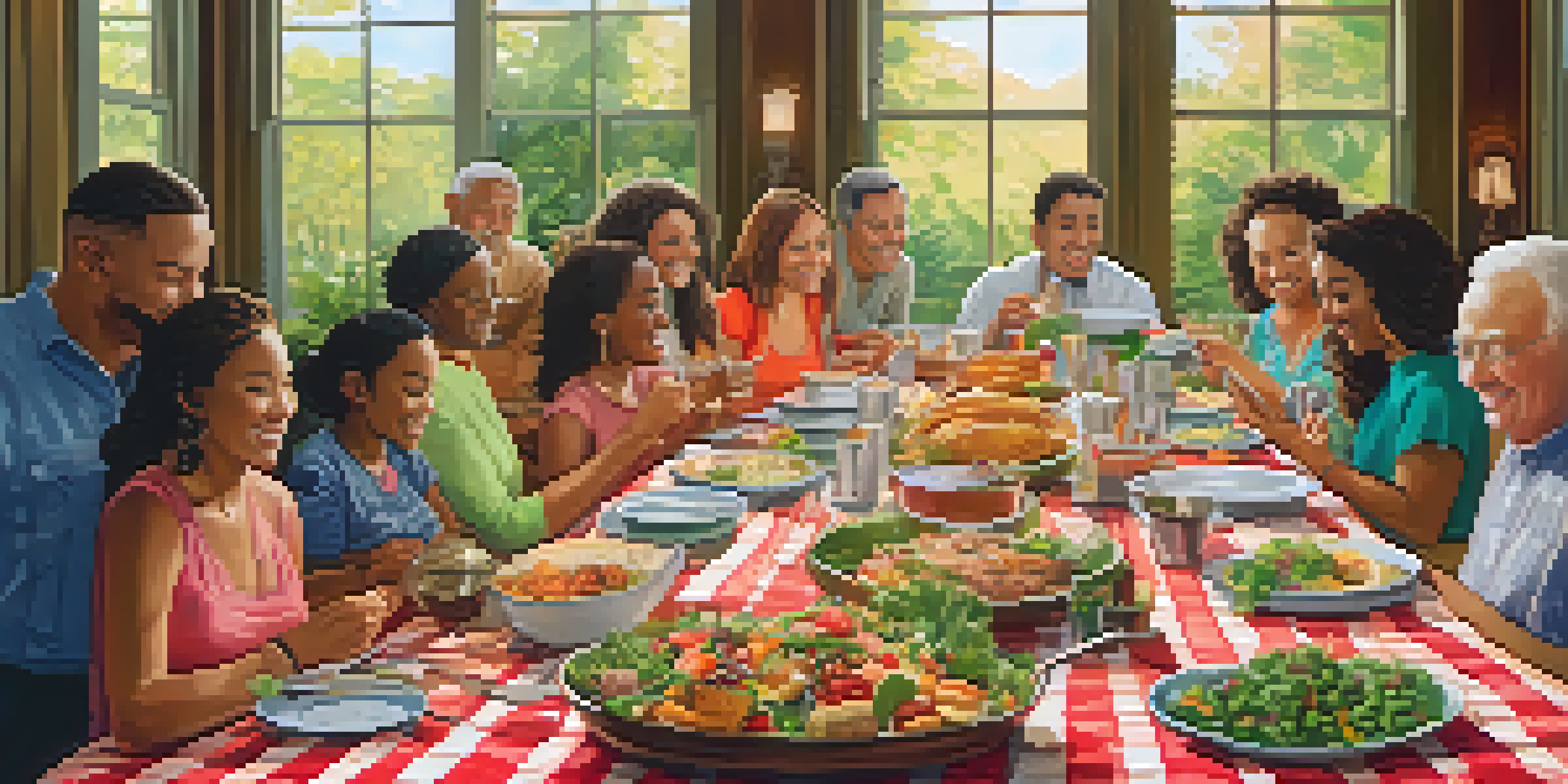 A colorful potluck dinner with people sharing different dishes on a long table, set in a warm and inviting environment.