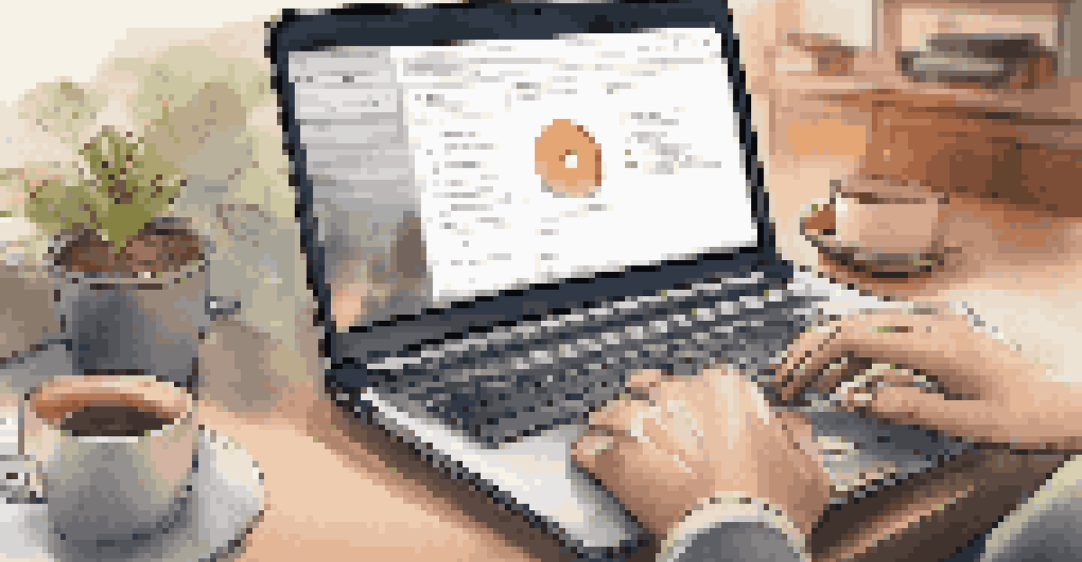 A close-up of a hand typing on a laptop displaying compliance management software, with a blurred background of a cozy workspace.