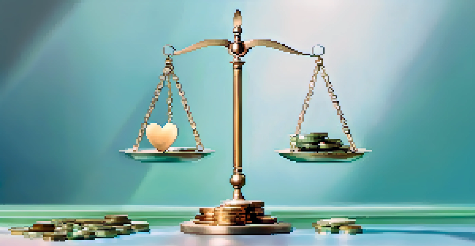 A balanced scale with coins on one side and a heart on the other, symbolizing the balance between profit and ethics.