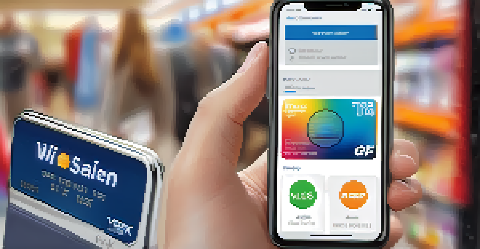 A close-up of a smartphone with a digital wallet app and a finger about to tap the screen, with shopping items in the blurred background.