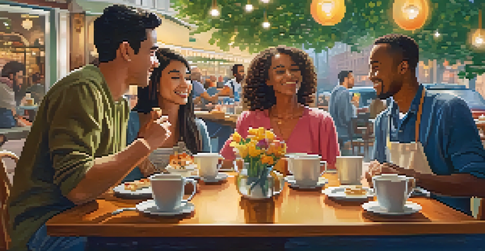 A diverse group of people sharing stories in a cozy café, with warm lighting and colorful decorations.